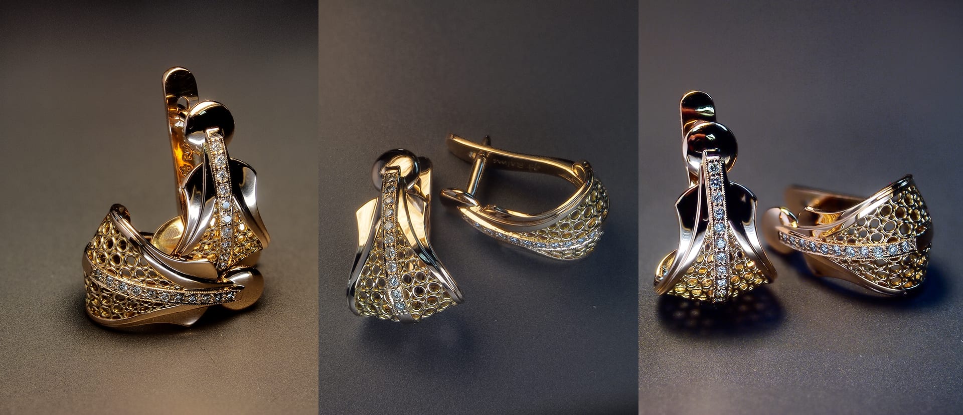Gold earrings with an open honeycomb pattern and a line of set diamonds, shown from three angles