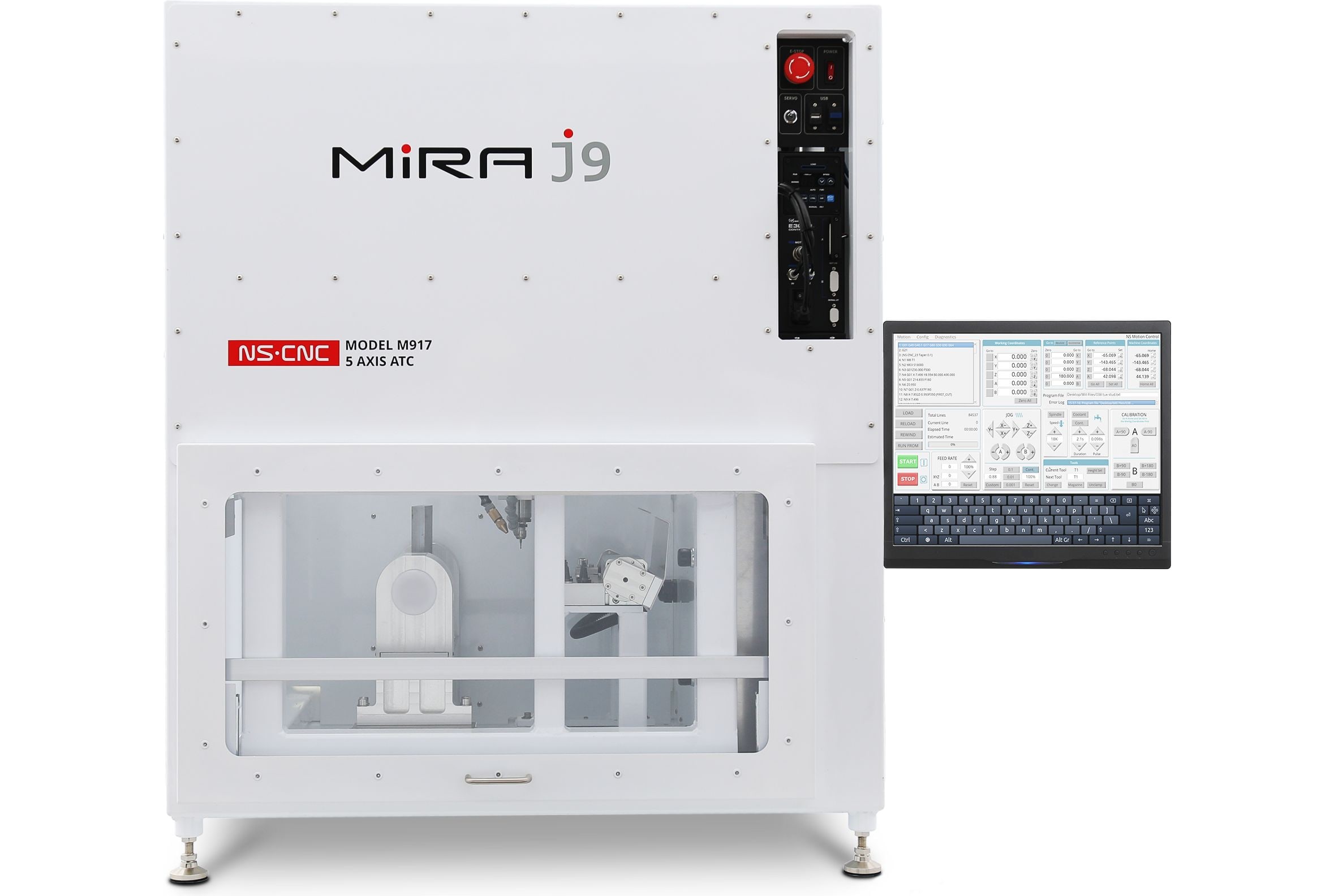 NS CNC Mira J9 - desktop 5-axis CNC mill with the sealed work area and NS-Motion monitor on a swing arm