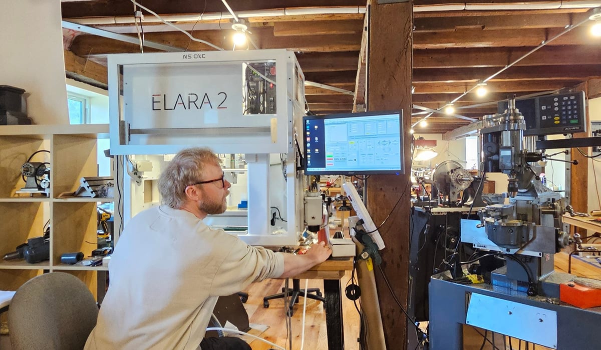 The Elara 2 in use at the Plumier Workshop, beside the shop’s antique machine tools