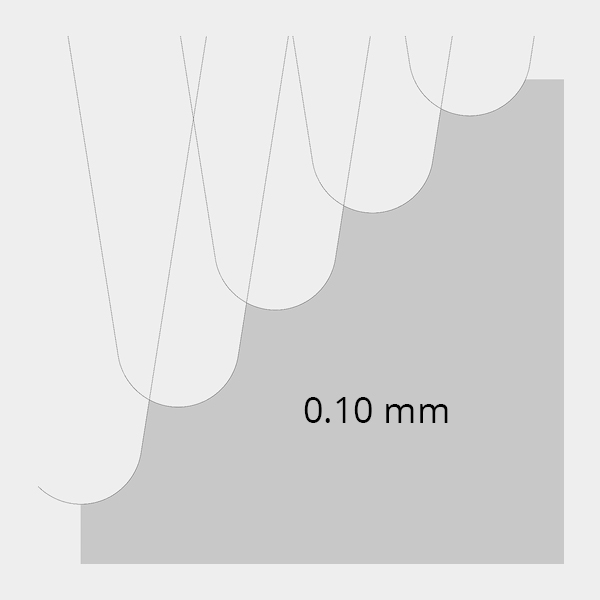 Toolpath diagram at 0.10 mm stepover, showing large scallops between passes
