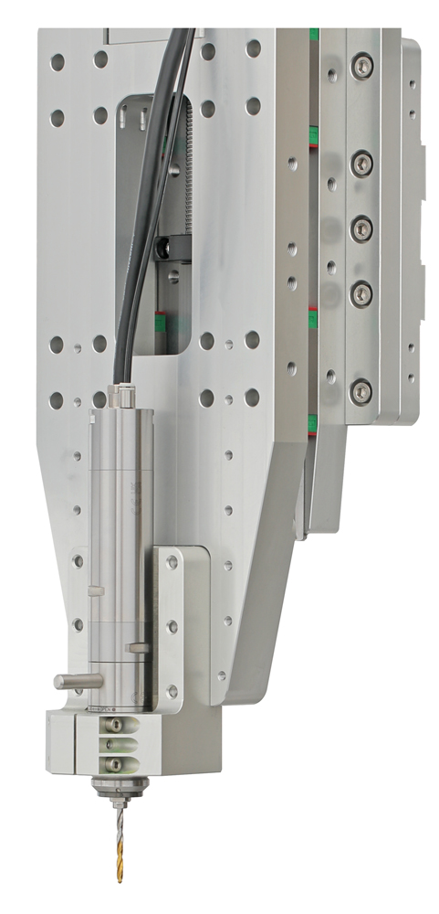 E3000 3060 QC spindle mounted on the Z-axis carriage, with the manual quick-release lever on the clamp block